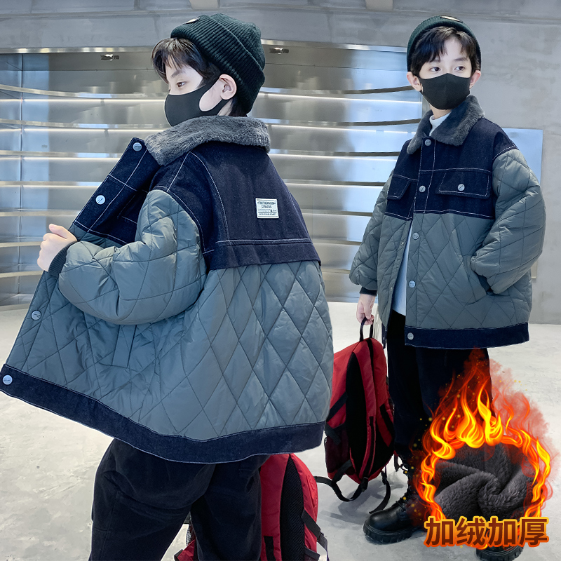 儿童装加绒加厚外套秋冬装5-15男童洋气棉衣中大童拼接棉服男孩潮
