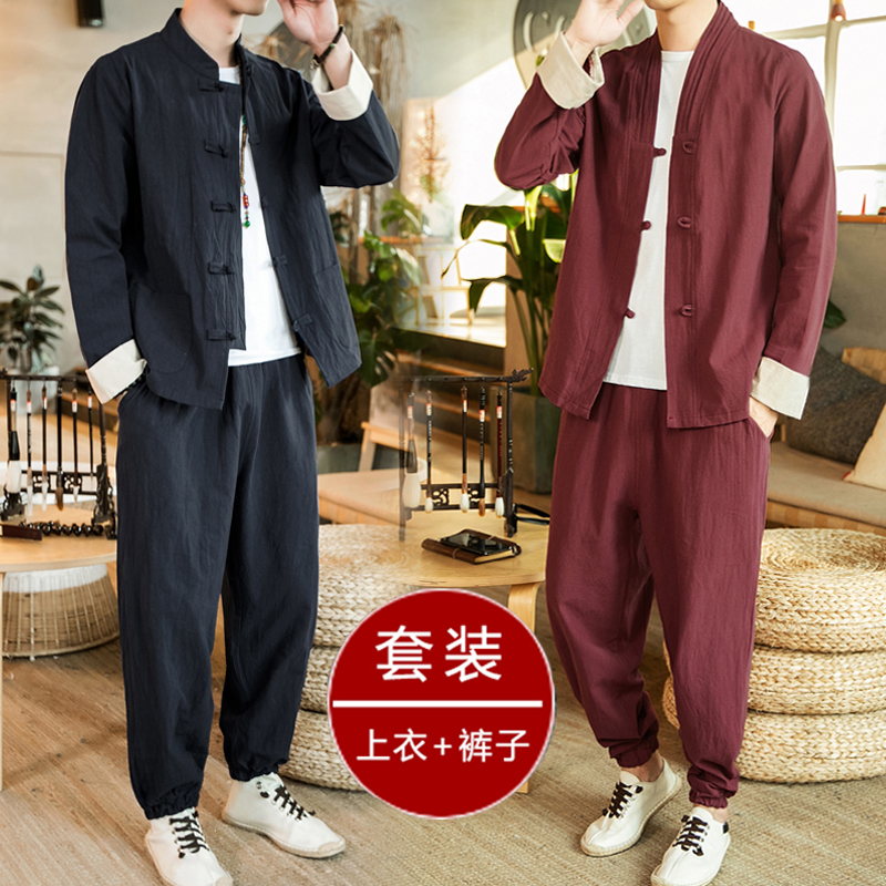 中国风男装青年亚麻唐装复古风汉服男佛系禅服中式套装棉麻中山装