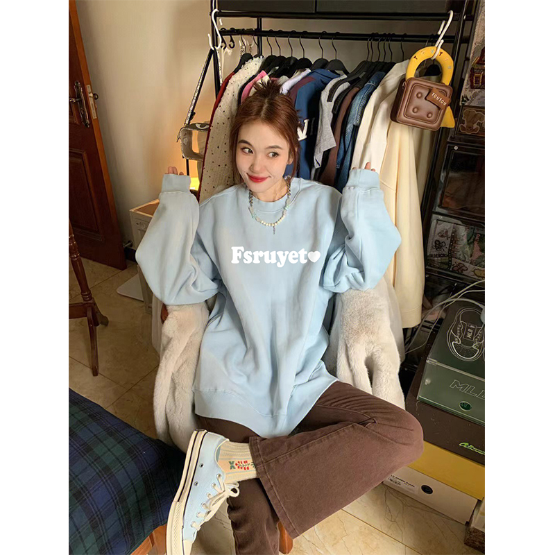 秋冬款奶蓝色加绒加厚圆领卫衣女款学生休闲宽松慵懒风卫衣设计感