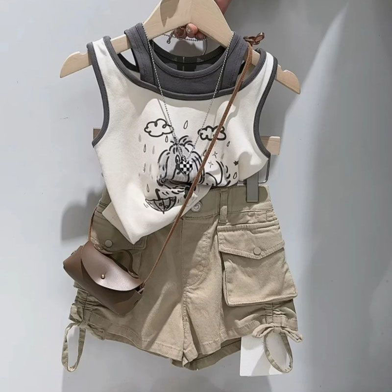 韩版童装2024春夏女童洋气网红炸街卡通印花假两件背心上衣T恤潮