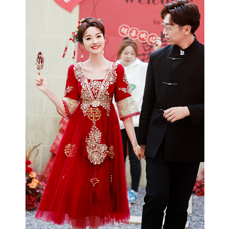 中国风秀禾大码敬酒服孕妇显瘦酒红色胖mm新娘出阁宴订婚礼服秋冬