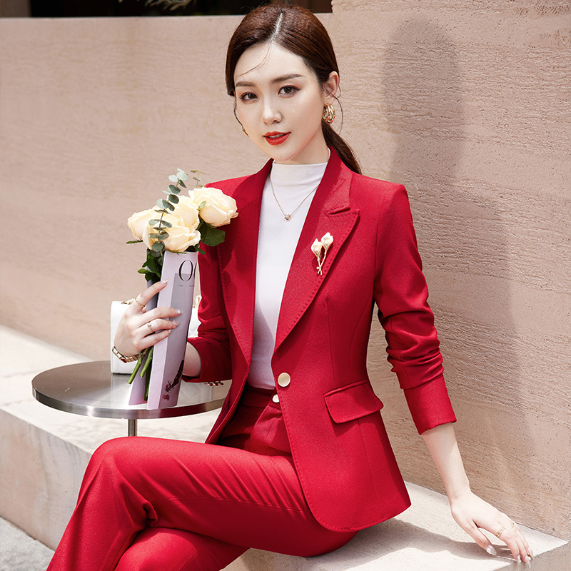 高级感西装套装女秋休闲时尚气质红色收腰显瘦正装职业西服两件套