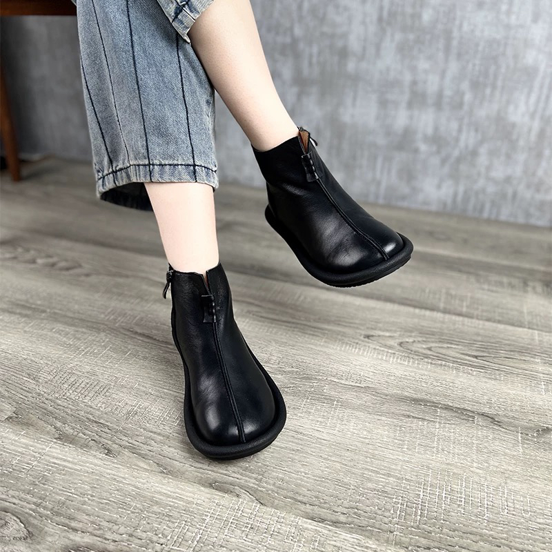 艺鞜秋季新款真皮圆头平底复古上班佛系手工软底后拉链短靴子女