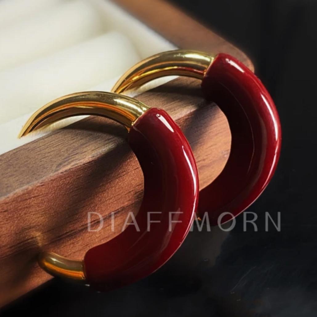 铜合金耳饰 YinMan〖月亮湾〗安可拉红复古法式高级耳圈