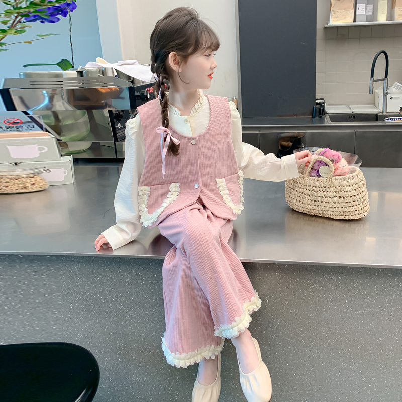 女童秋装套装2025新款儿童洋气时髦女孩春秋款花瓣秋季马甲三件套