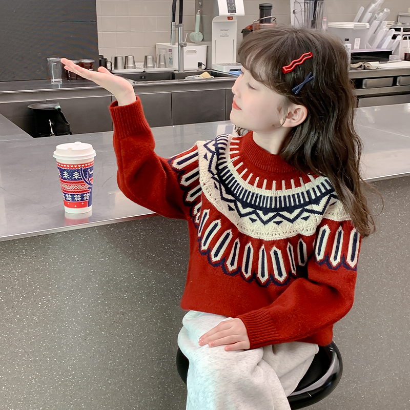 女童针织毛衣秋冬装2025新款儿童洋气女孩冬季打底衫大童加厚红色