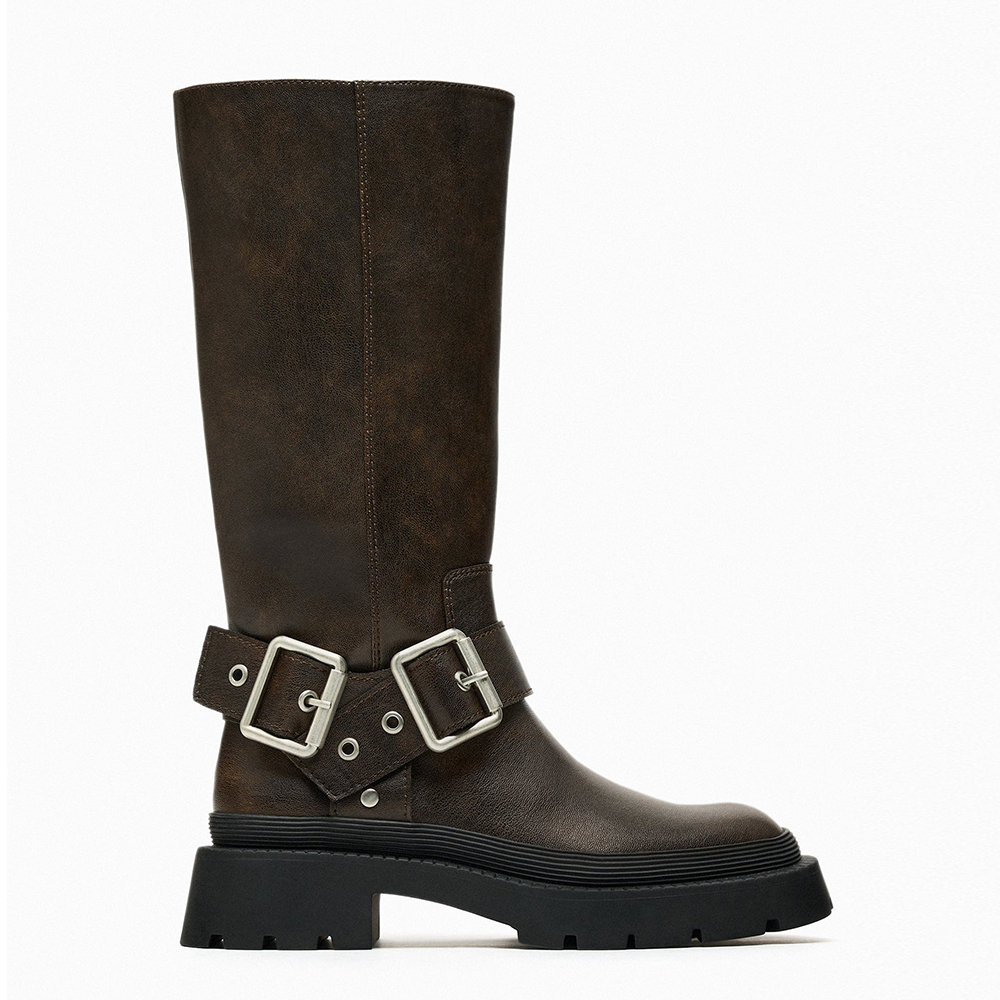 ZA粗跟棕色长靴女美拉德风2025秋冬复古增高高筒骑士厚底长筒靴子