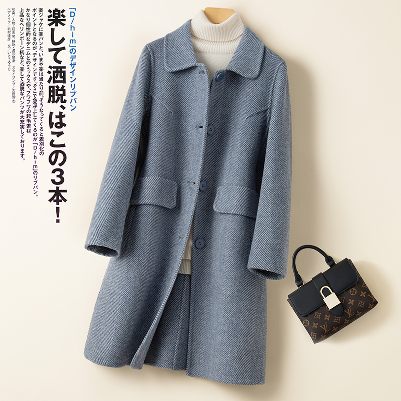 双面羊毛大衣女中长款娃娃领修身直筒百搭赫本风毛呢子外套无羊绒