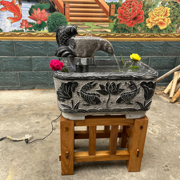 长方形大号复古流水摆件流水庭院装饰青石材质鱼喷水石雕鱼缸