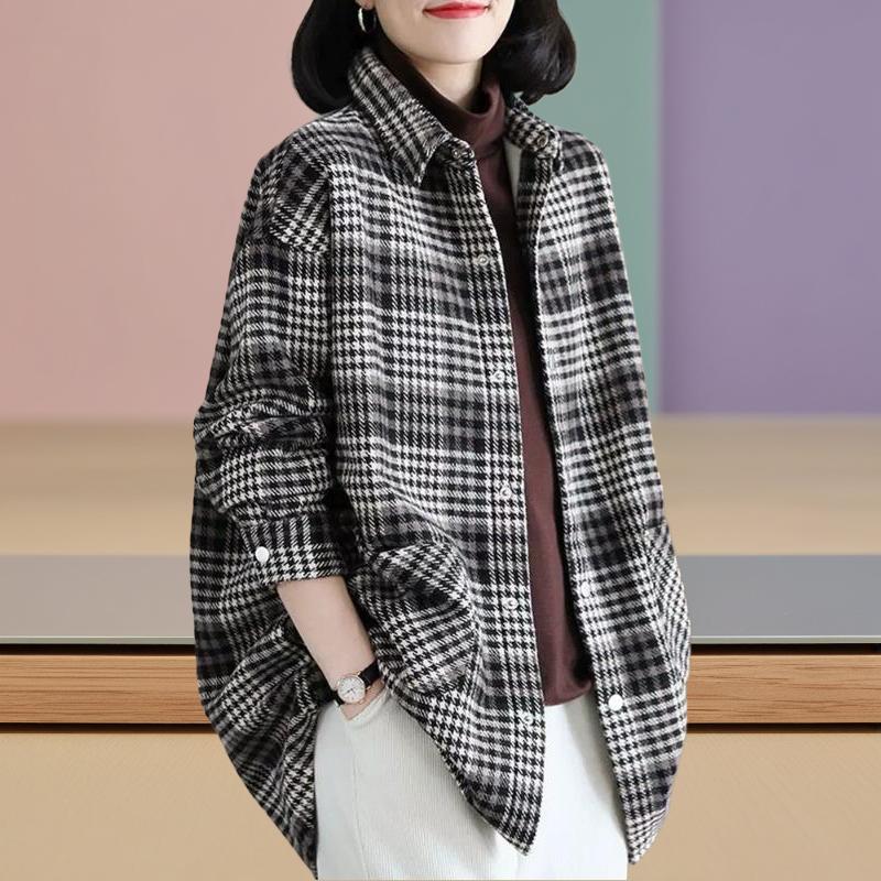 洋气折扣厚上衣宽松磨毛衬衫翻领加绒显瘦复古外套撤柜格子女品牌