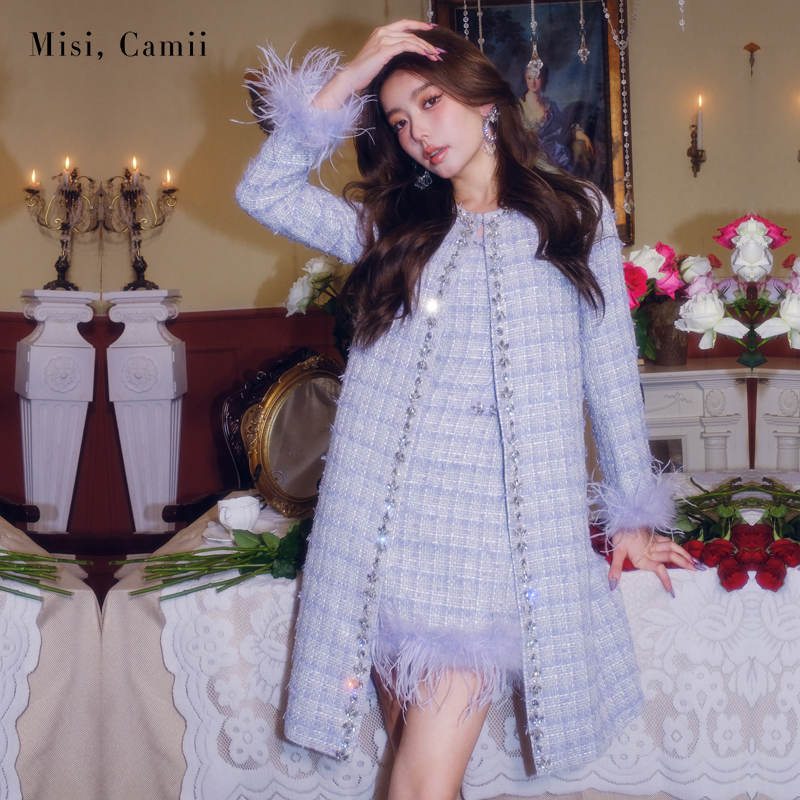Misi,Camii【破价款】秋冬时尚感钻饰羽毛袖花呢格子长外套开衫外搭