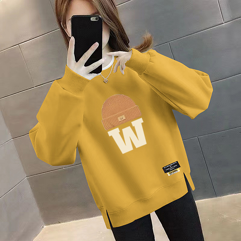 胖mm时尚百搭卫衣女秋冬季韩版宽松大码套头外套休闲圆领加绒上衣