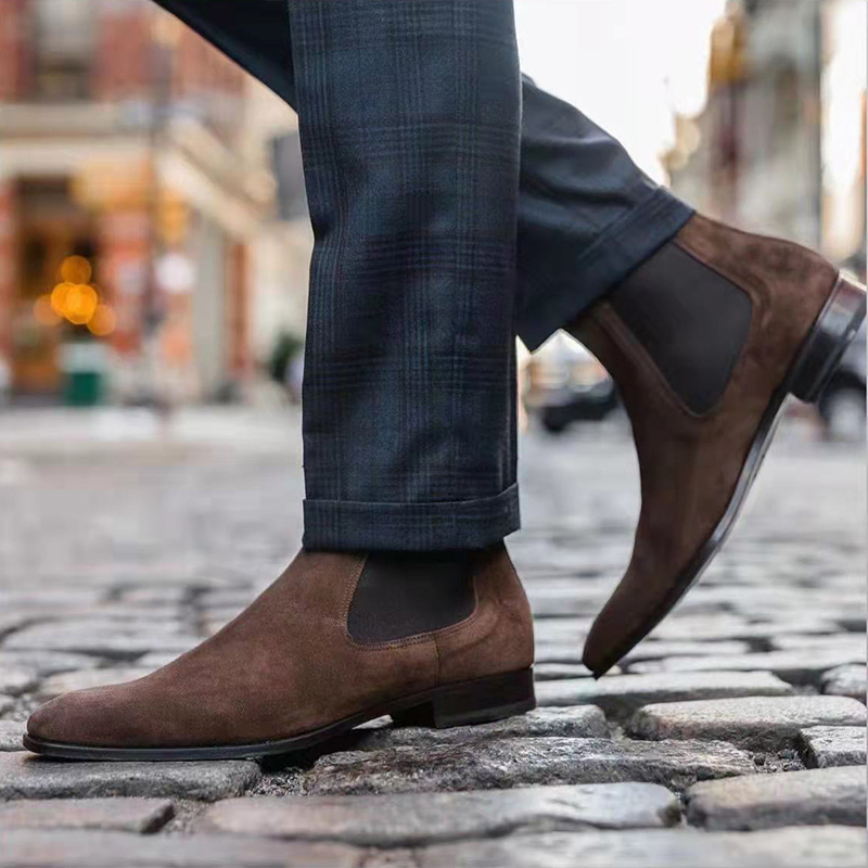 切尔西靴男靴马丁短靴反绒皮秋冬加绒男士皮鞋真皮中高帮牛皮内里