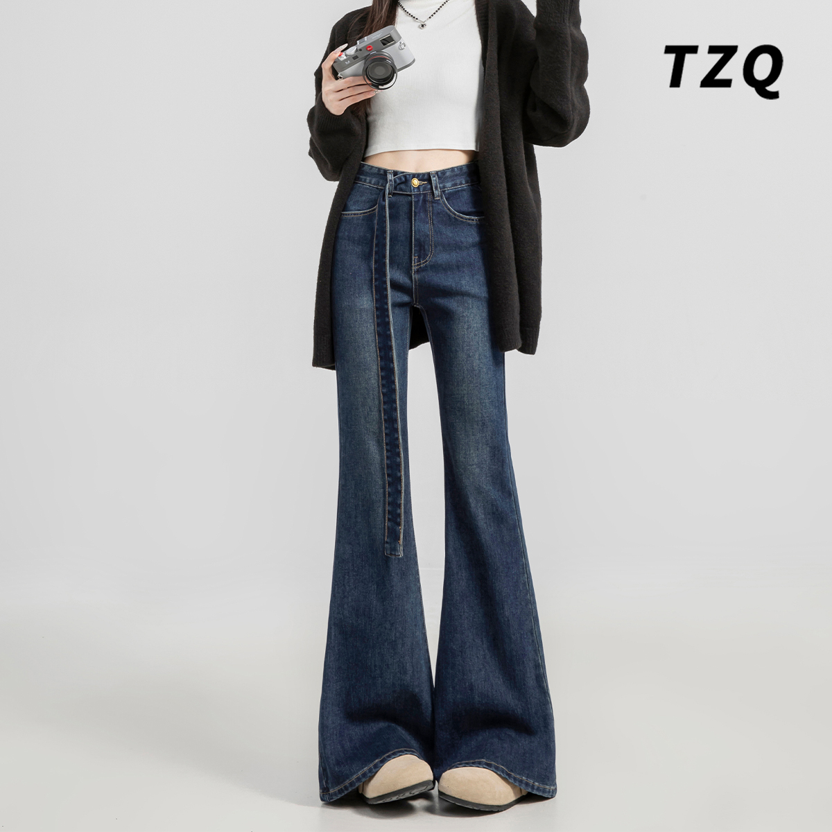 复古自带系带微喇牛仔裤女2025秋季高腰百搭不贴腿遮肉显瘦喇叭裤