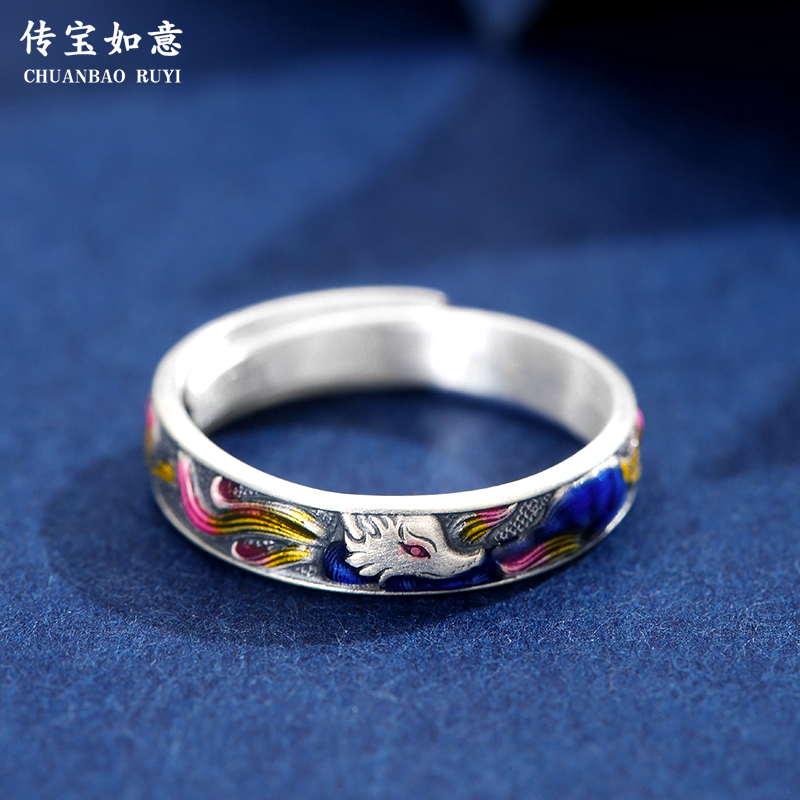 足银戒指 9999足银九尾灵狐戒指女纯银珐琅彩时尚国风景泰蓝指环