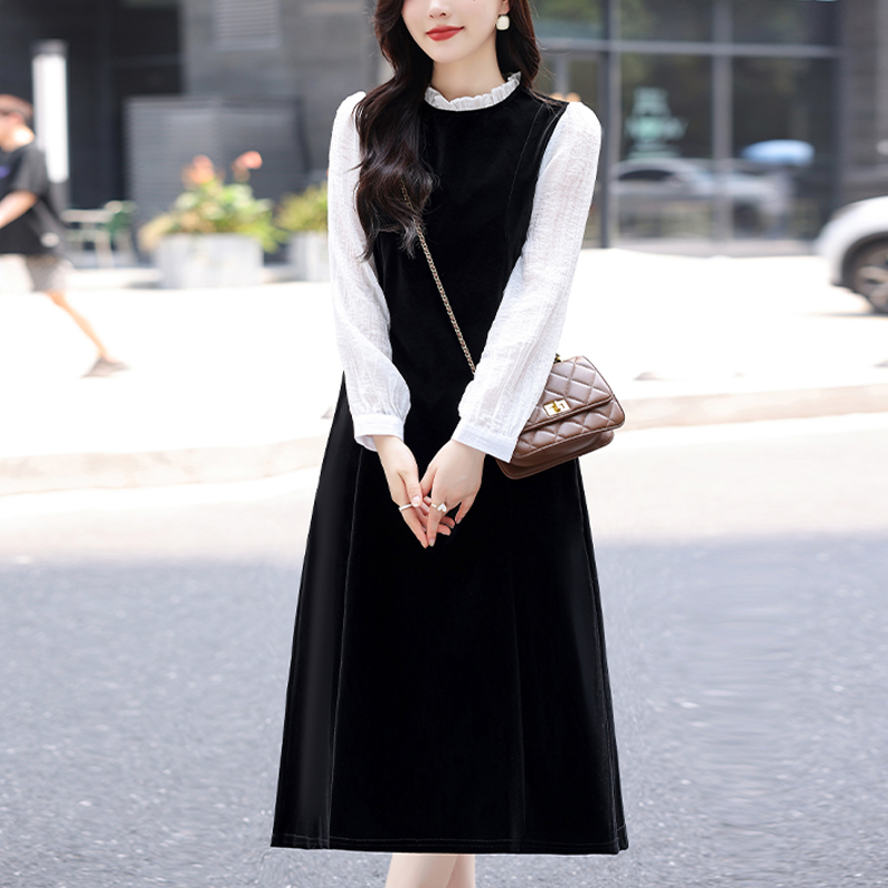 法式赫本小香风连衣裙女2025春季新款高级感微胖气质假两件连衣裙