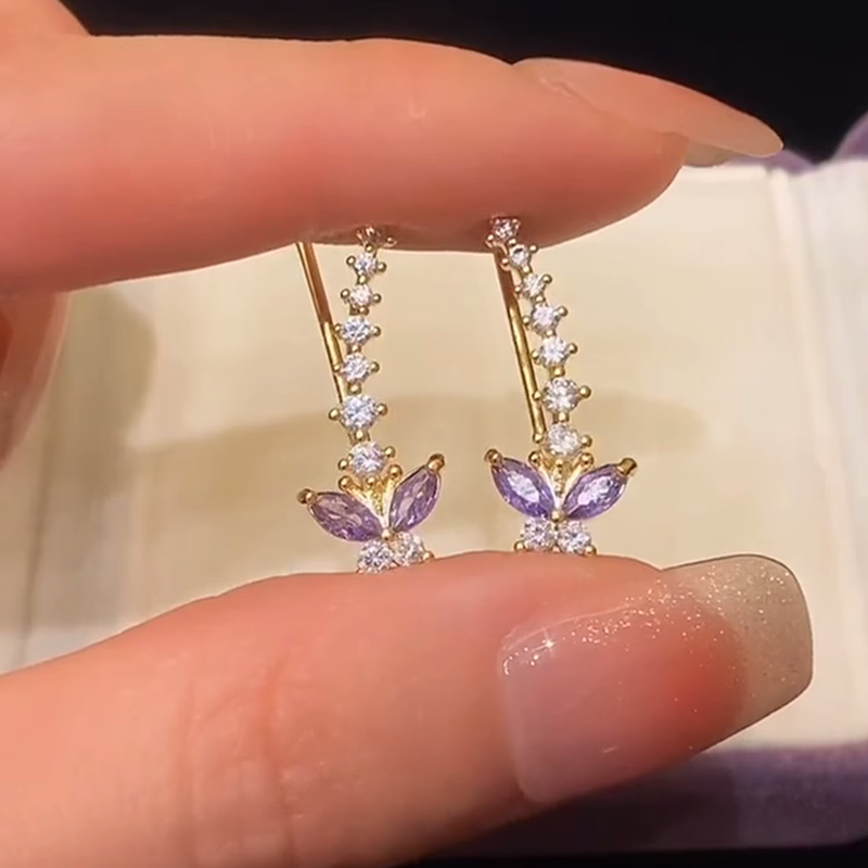 合金耳饰 超仙紫色蝴蝶耳排2024新款耳环女高级时尚气质轻奢耳饰