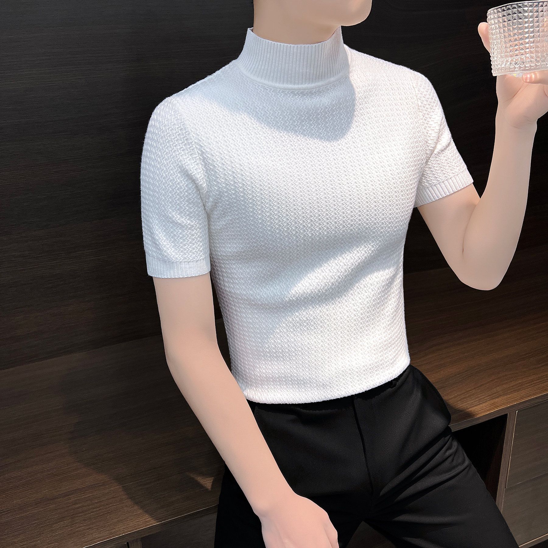 针织短袖t恤男秋季爆款2025新款高级感男装半高领内搭男士打底衫