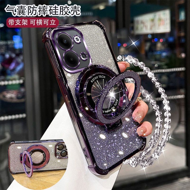 四角防摔OPPOReno9手机壳PHM110女款护镜流行闪粉支架手链软硅胶