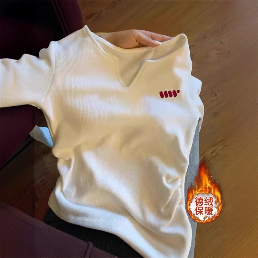 纯欲正肩v领加绒磨毛打底衫女内搭秋冬设计感短款长袖t恤德绒上衣