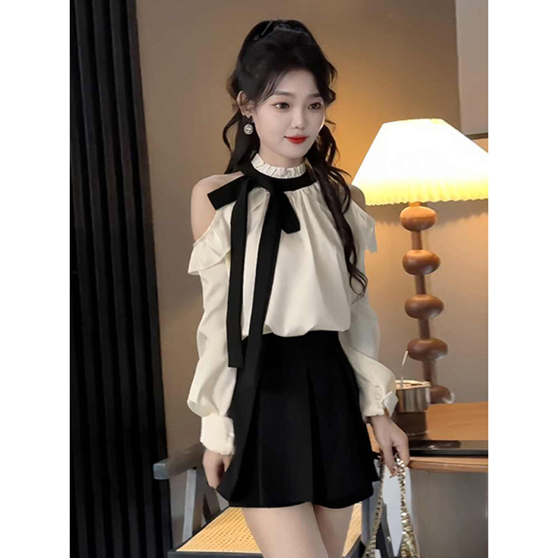 温柔风洋气甜美宽松百搭长袖撞色立领绑带露肩衬衫半身裙两件套装