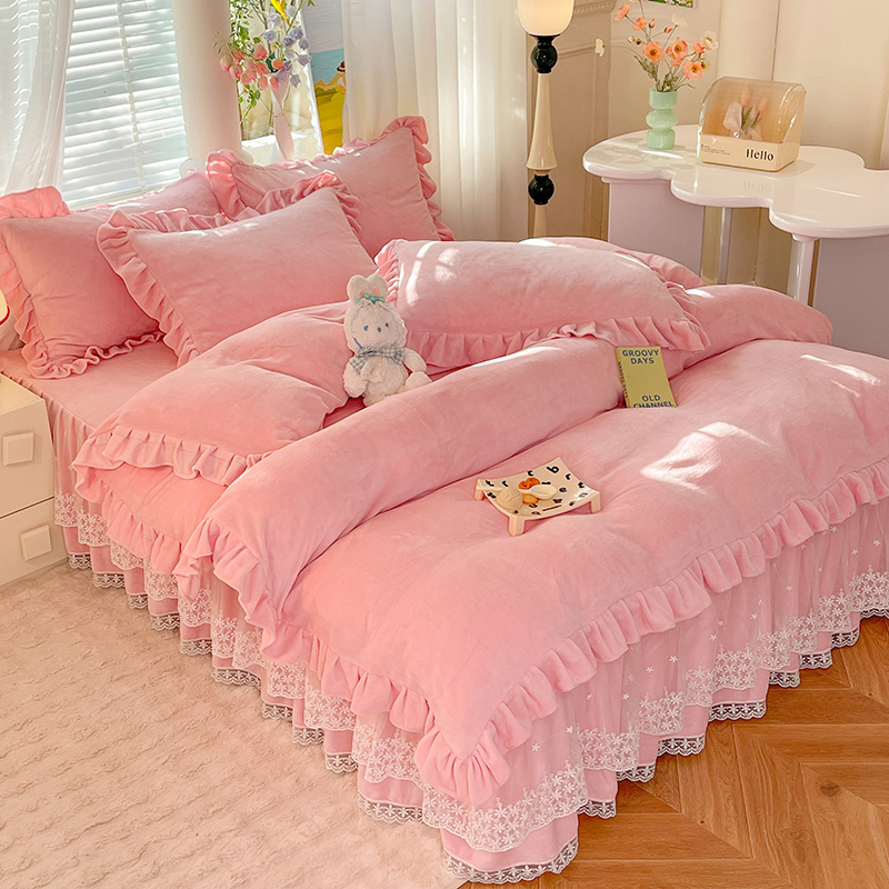 加厚床裙款牛奶绒四件套韩版双面绒防抗静电床上用品冬季保暖防滑