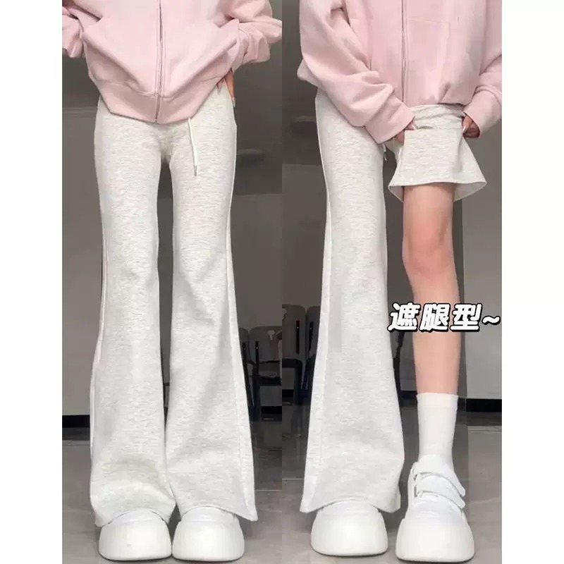 白色美式微喇裤女秋冬2025新款加绒显瘦小个子休闲卫裤运动喇叭裤