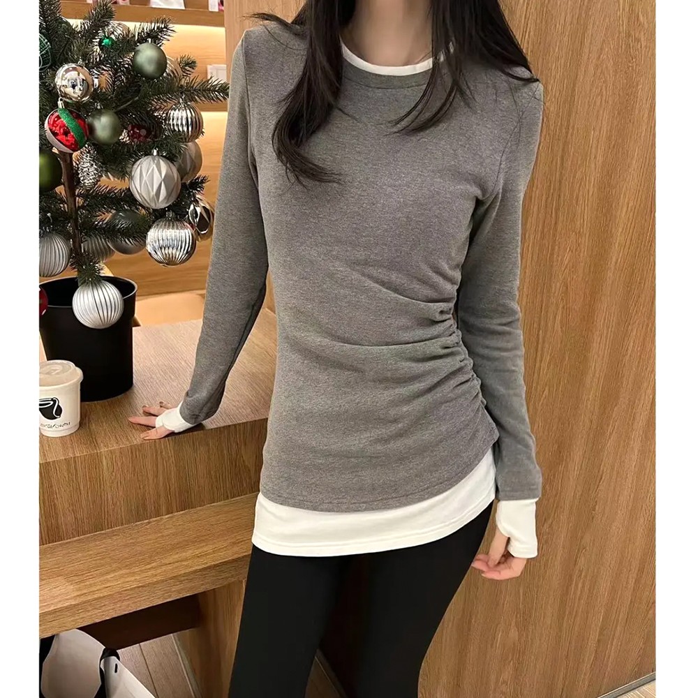 秋冬季新款高级感褶皱撞色磨毛长袖T恤女不规则搭配鲨鱼裤打底衫