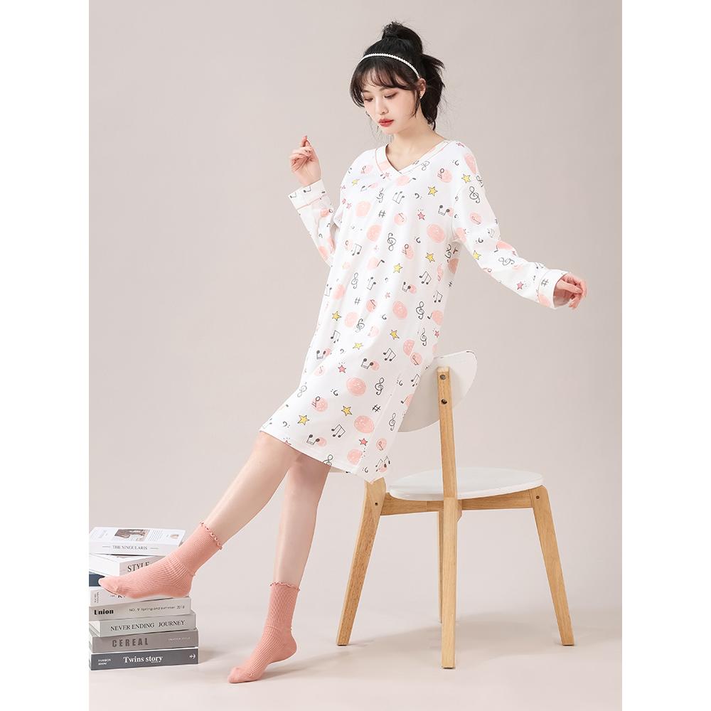 睡裙女春秋款针织纯棉V领 可外穿长袖家居服2025新款英伦风睡衣夏
