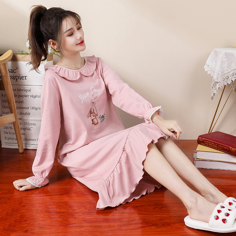 睡裙女春秋款纯棉长袖可爱兔子卡通宽松女生过膝夏季针织全棉睡衣