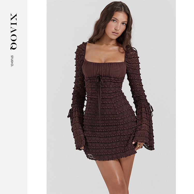 【小Q家】7366欧美风U领低胸肌理感长袖高级感连衣裙T