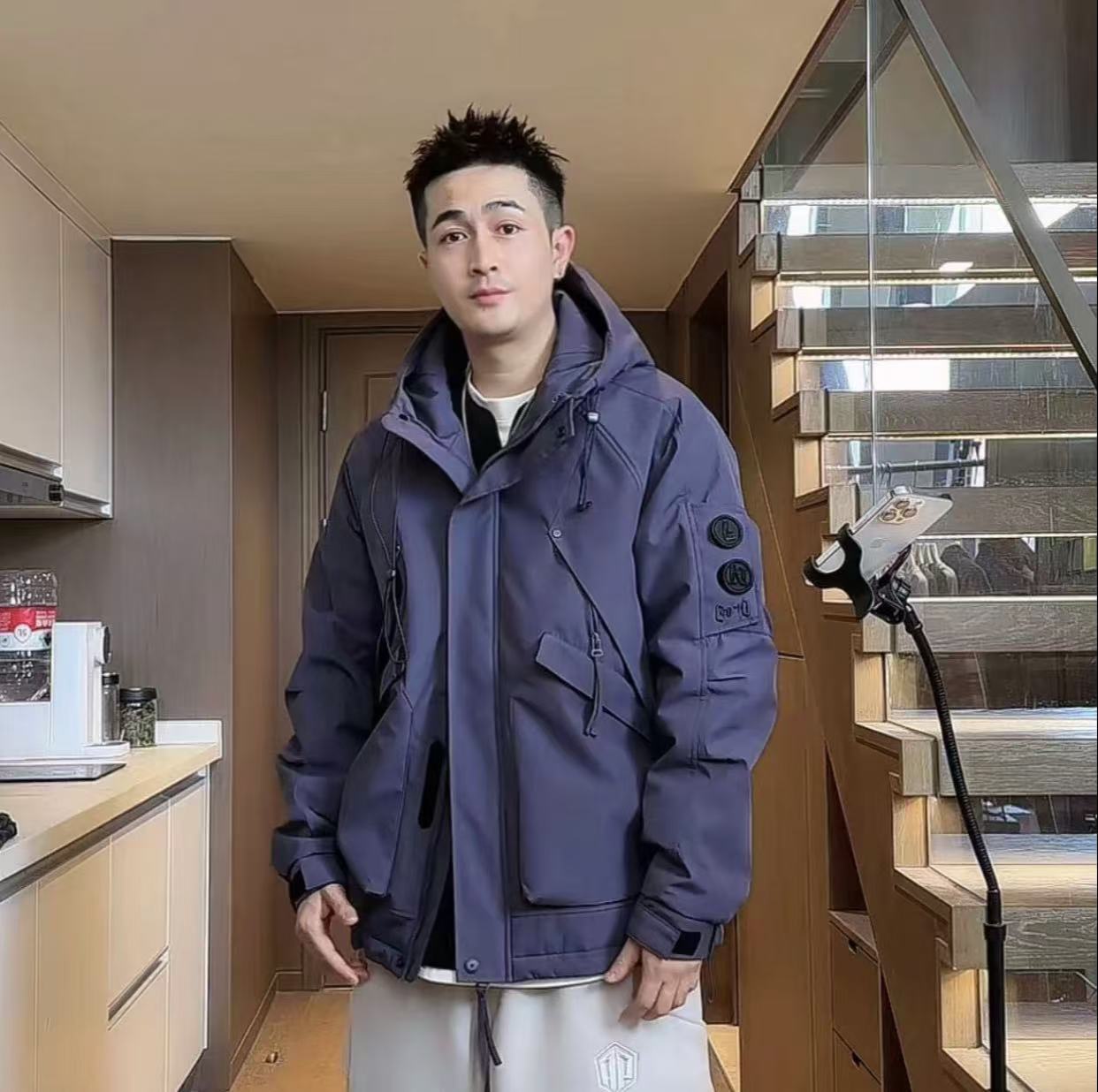 到位男装棉服秋冬工装户外冲锋衣夹棉防风连帽夹克外套男潮17605