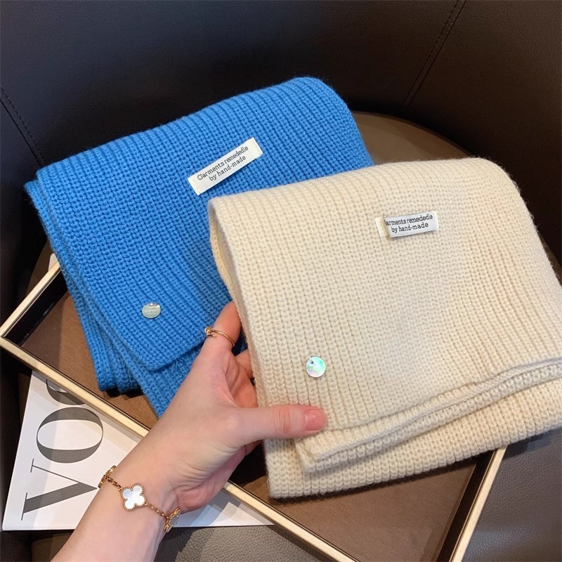 韩版针织毛线贝壳扣围巾女秋冬氛围感显白加厚保暖纯色围脖情侣款