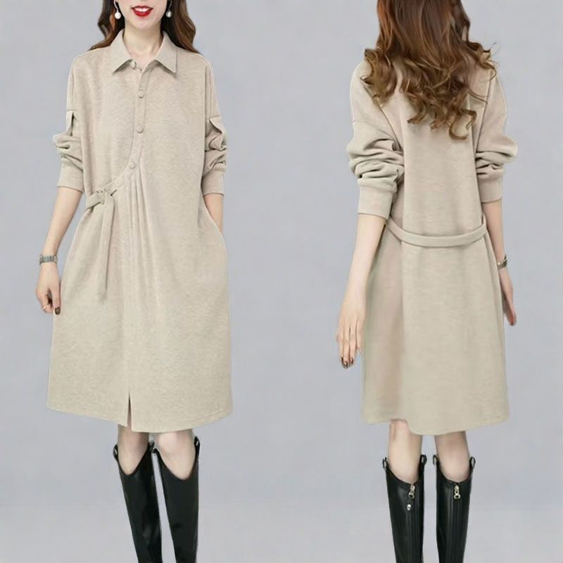 时尚百搭长袖连衣裙2026春季新款气质设计感显瘦中长款休闲打底裙