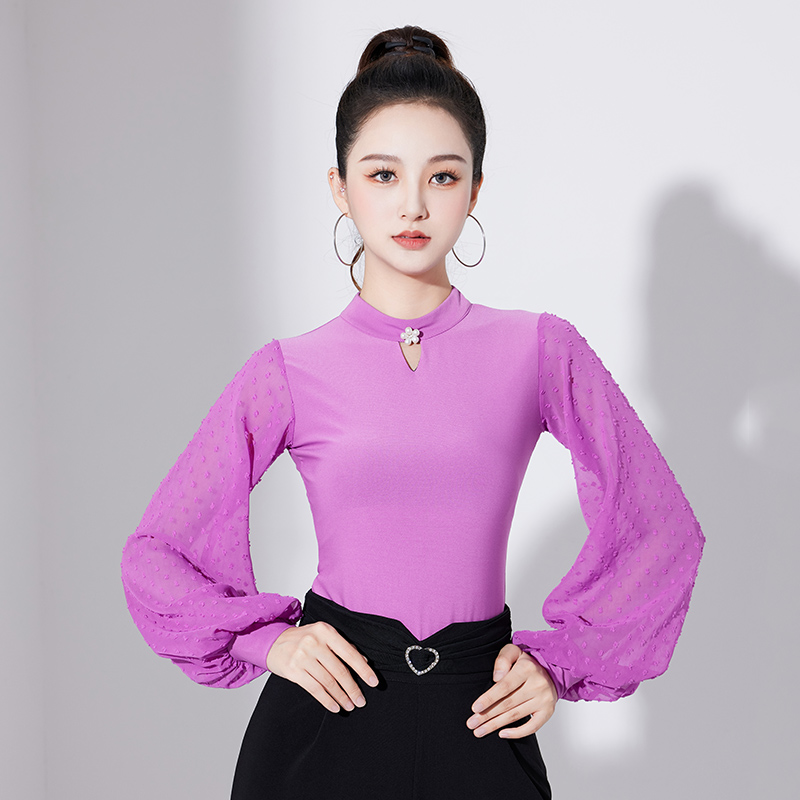 摩登舞灯笼袖舞蹈服女士护脖小高领国标舞服连体衣长袖华尔兹上衣