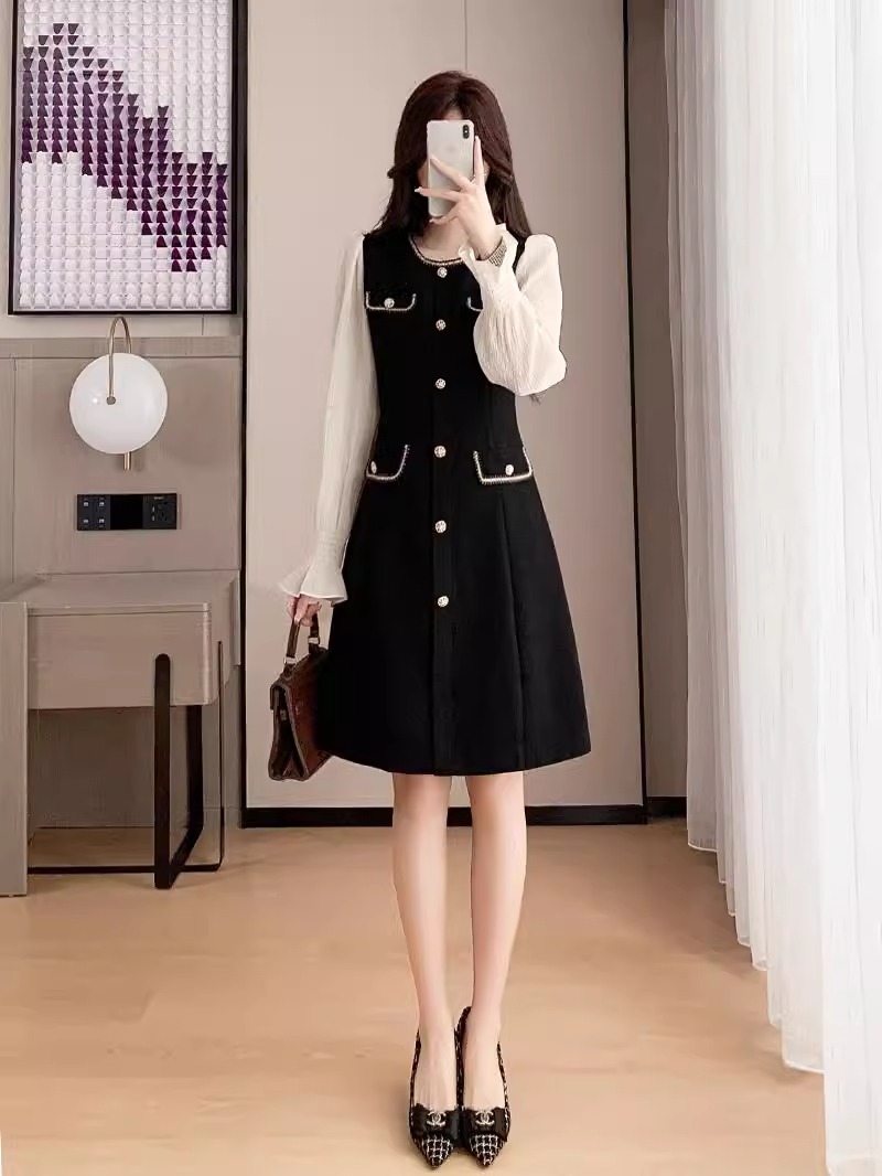 法式高级感连衣裙女2025春秋季新款时尚气质拼接小香风显瘦小黑裙