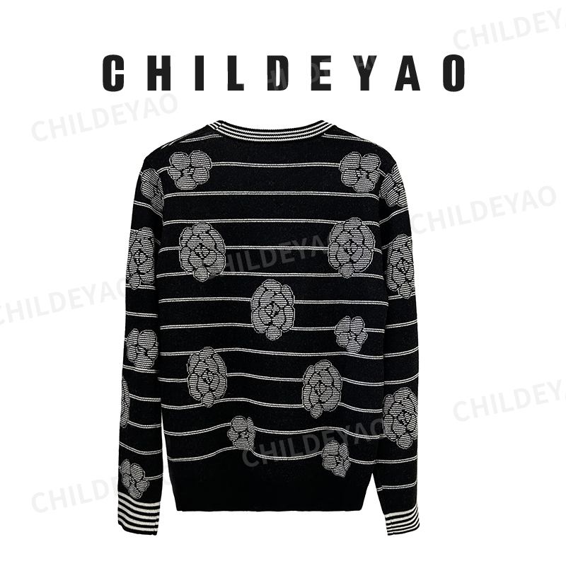 Childe Yao【山茶花】100%绵羊毛撞色山茶花套头长袖毛衫AMY3231