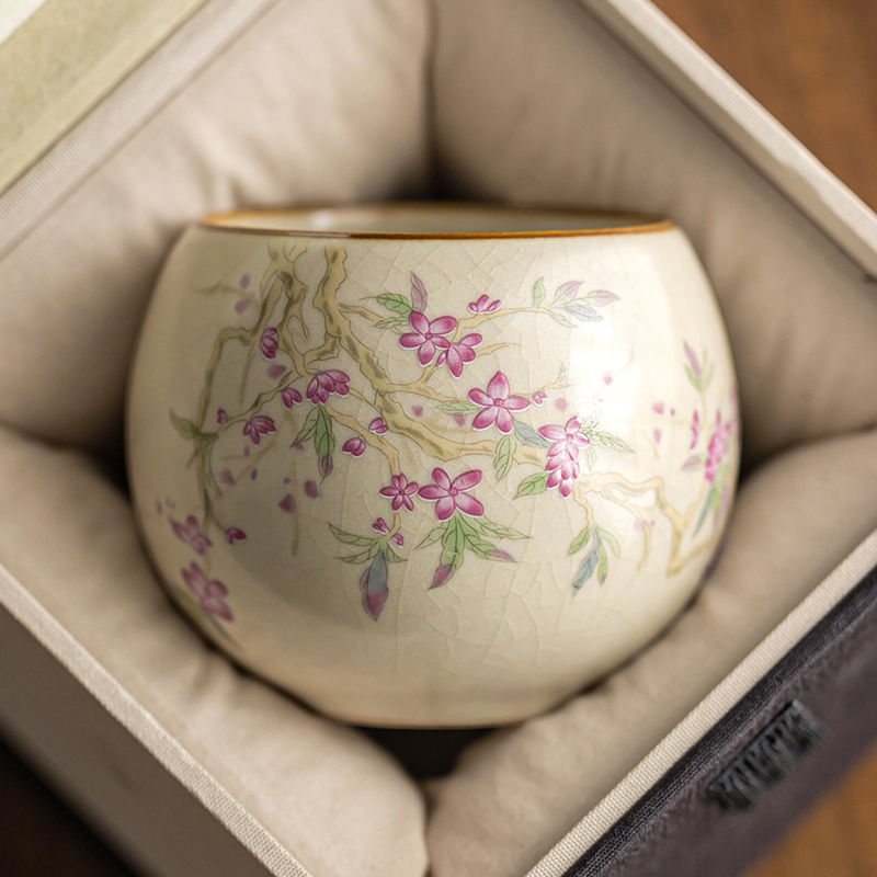 米黄汝窑功夫茶具茶杯子主人杯单杯女开片可养品茗杯单个陶瓷大号