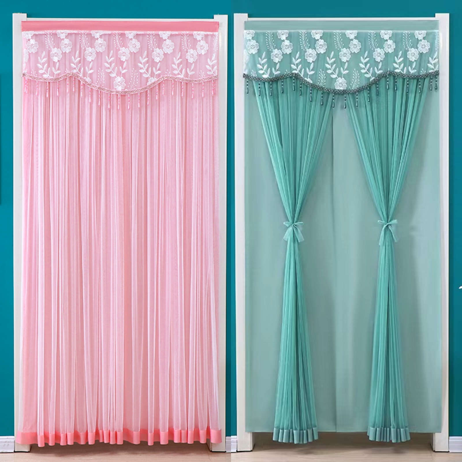 【倾城】防蚊蝇防走光门帘免打孔安装蕾丝纱帘四季帘家用隔断帘子