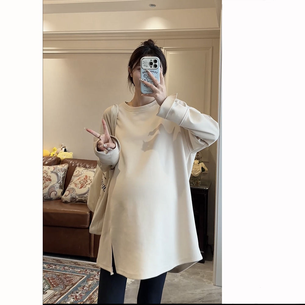 春秋衬衫袖时尚侧开叉宽松孕妇卫衣慵懒风显瘦圆领中长款打底衫