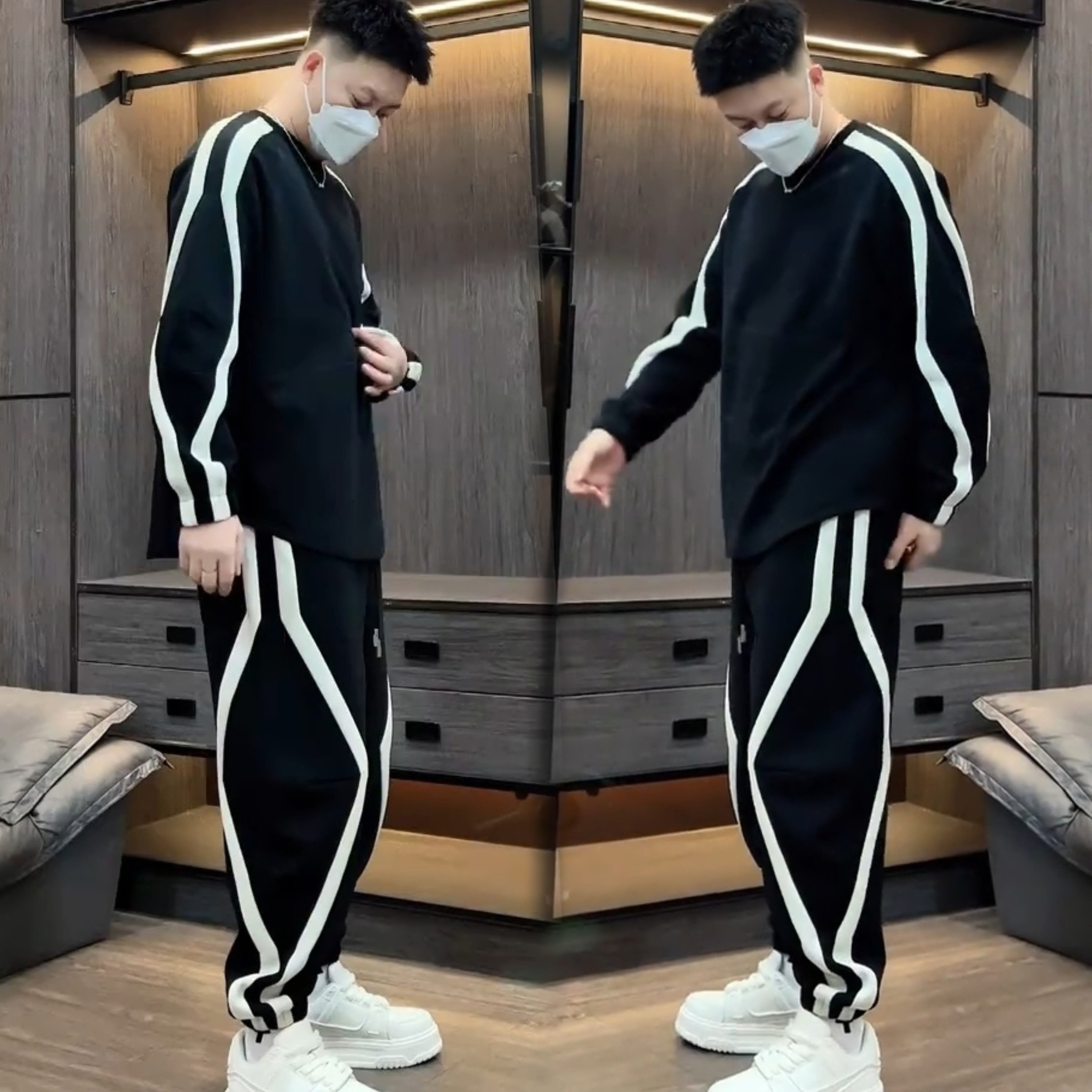 2025春秋设计感休闲韩版潮流拼接宽松帅气痞帅男装一整套