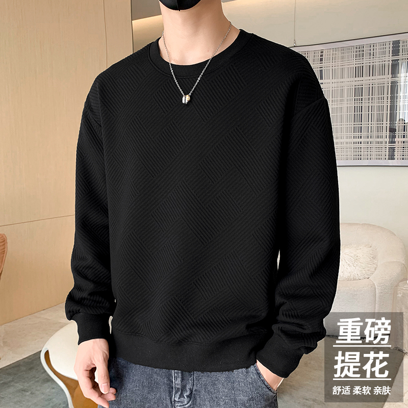 玛斯柏提花长袖T恤男士秋冬季新款潮牌宽松圆领重磅休闲打底衫男