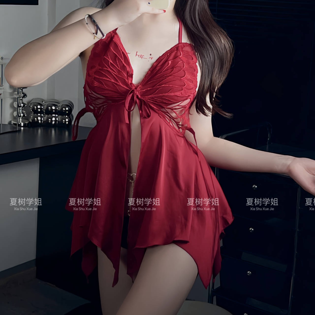 「夏树学姐」凤尾蝶连衣裙显瘦红色黑色慵懒韩系女装禅意仙气飘飘