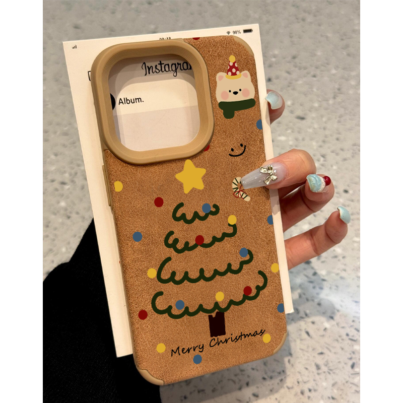欧克里里简笔圣诞树适用苹果16/15/14翻毛皮手机壳iPhone13/12/11