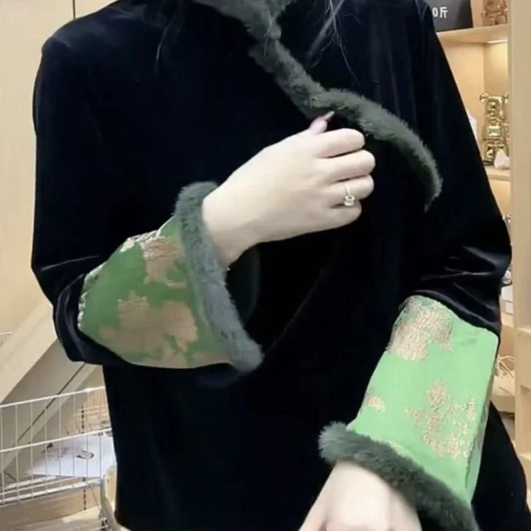 新中式秋冬复古国风绿色毛领拼接丝绒上衣加绒加厚时尚百搭显瘦女