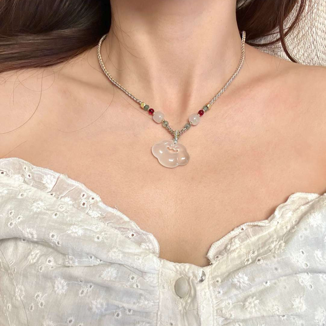 高冰新中式天然马料玉髓祥云吊坠编绳胖嘟嘟清润冰透显白吊坠