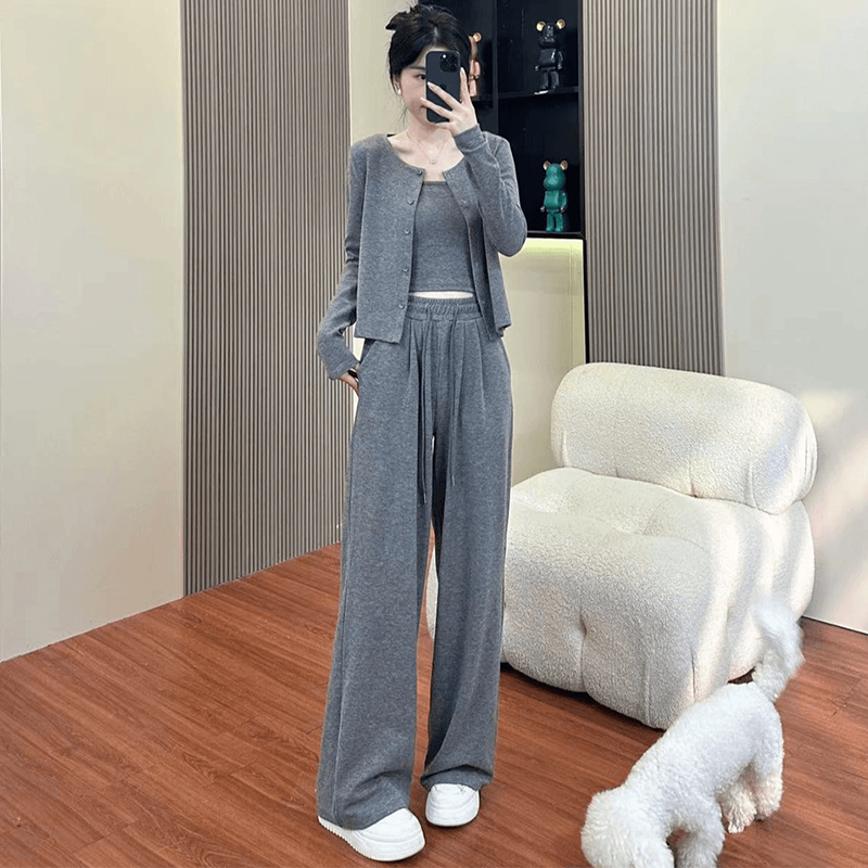 秋冬居家新款运动休闲舒适套装宽松小吊带+开衫+抽绳长裤三件套女