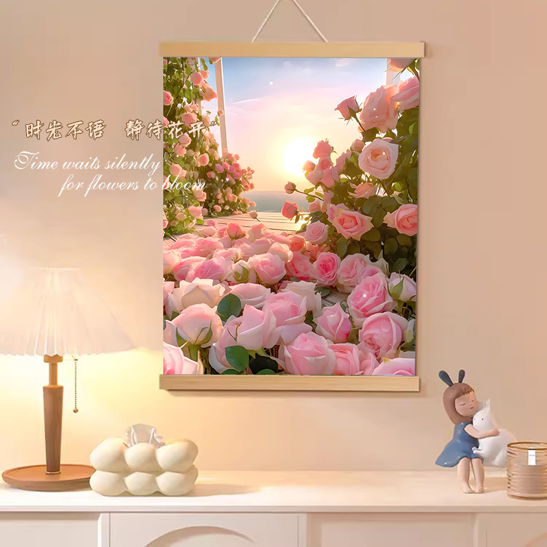 落日玫瑰卷轴实木国潮装饰画客厅玄关沙发背景墙家居饰品挂画