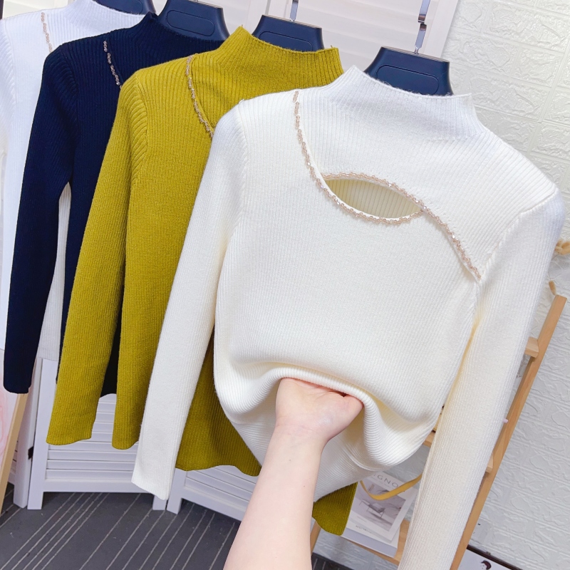 网纱珍珠半高领针织打底衫女装春冬新款洋气修身显瘦内搭毛衣上衣