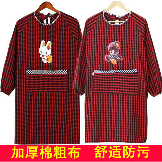 纯棉老粗布围裙长袖厨房韩版时尚防油防污可爱罩衣成人男女工作服